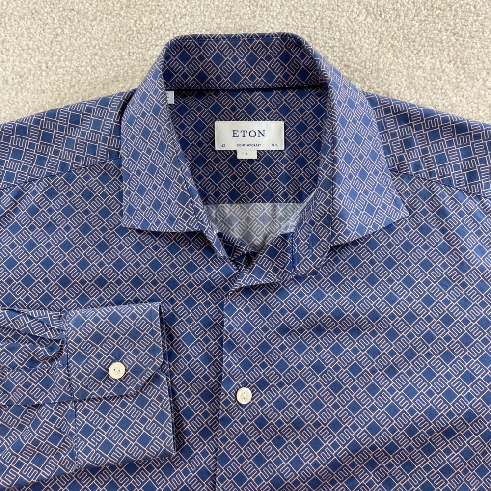 Eton Button Down Shirt Mens L 16.5 Blue Geometric Contemporary Fit Long Sleeve